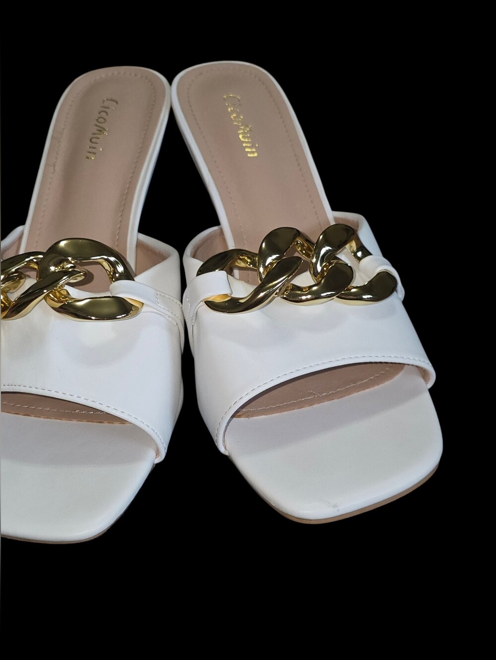 White Slide Mules with Gold Chain Accent